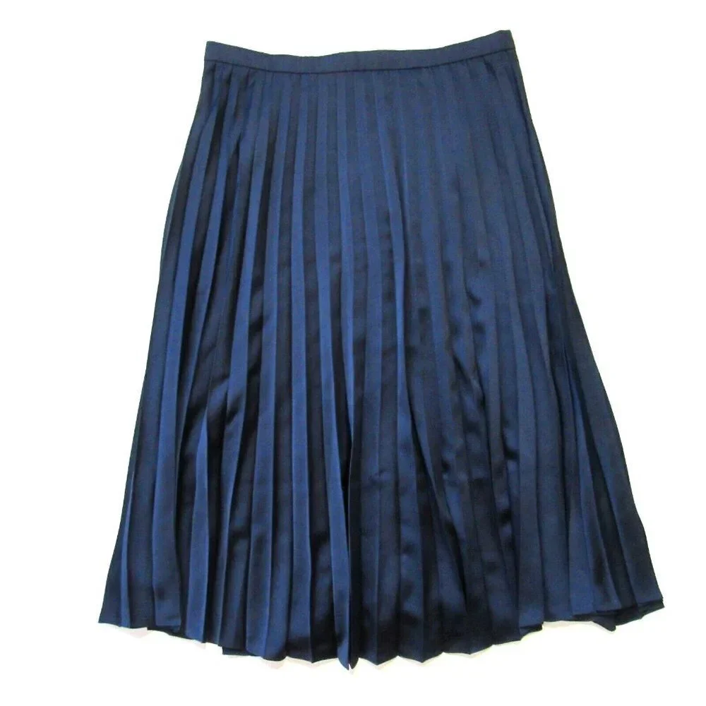 NWT J.Crew Pleated Midi in Navy Blue Satin A-line Flared Skirt 00 $98
